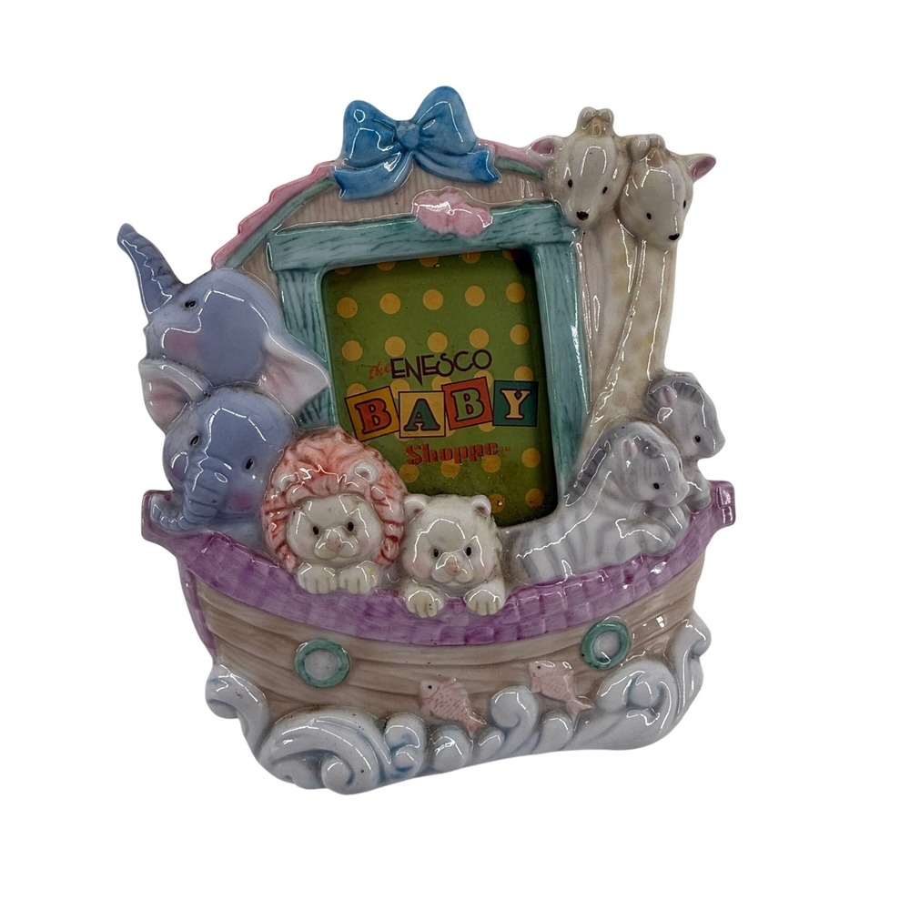 Enesco Baby Shoppe Noahs Ark Ceramic Photo Frame Pastel Animals Nursery Decor